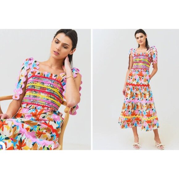 NWT Celia B Nilsa Floral Tiered Midi Dress Smocked Scalloped Rikrak Size M